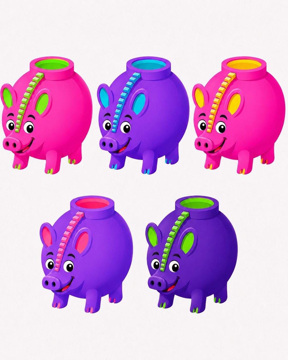 Fünf bunte Schweine-Figuren, das Zeichen der Gruzzi-App
