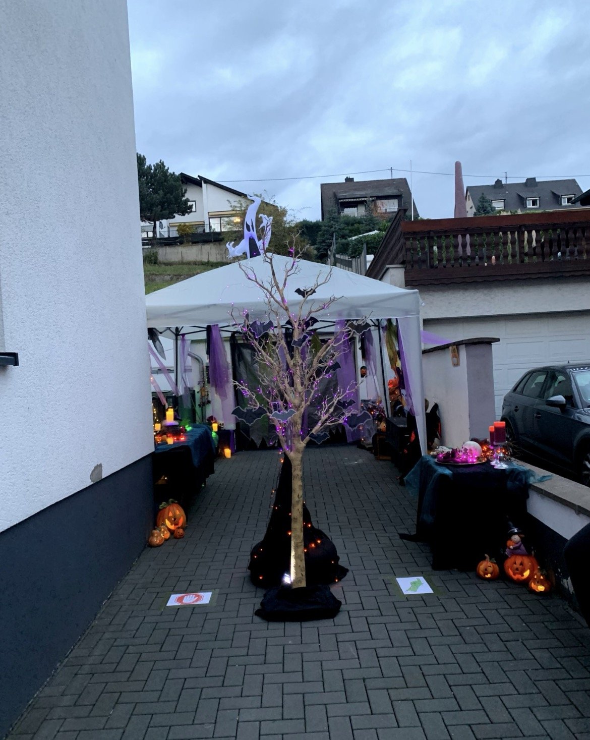 Die hergerichtete Einfahrt am Halloween-Abend, mit beleuchtetem Baum und Kürbissen
