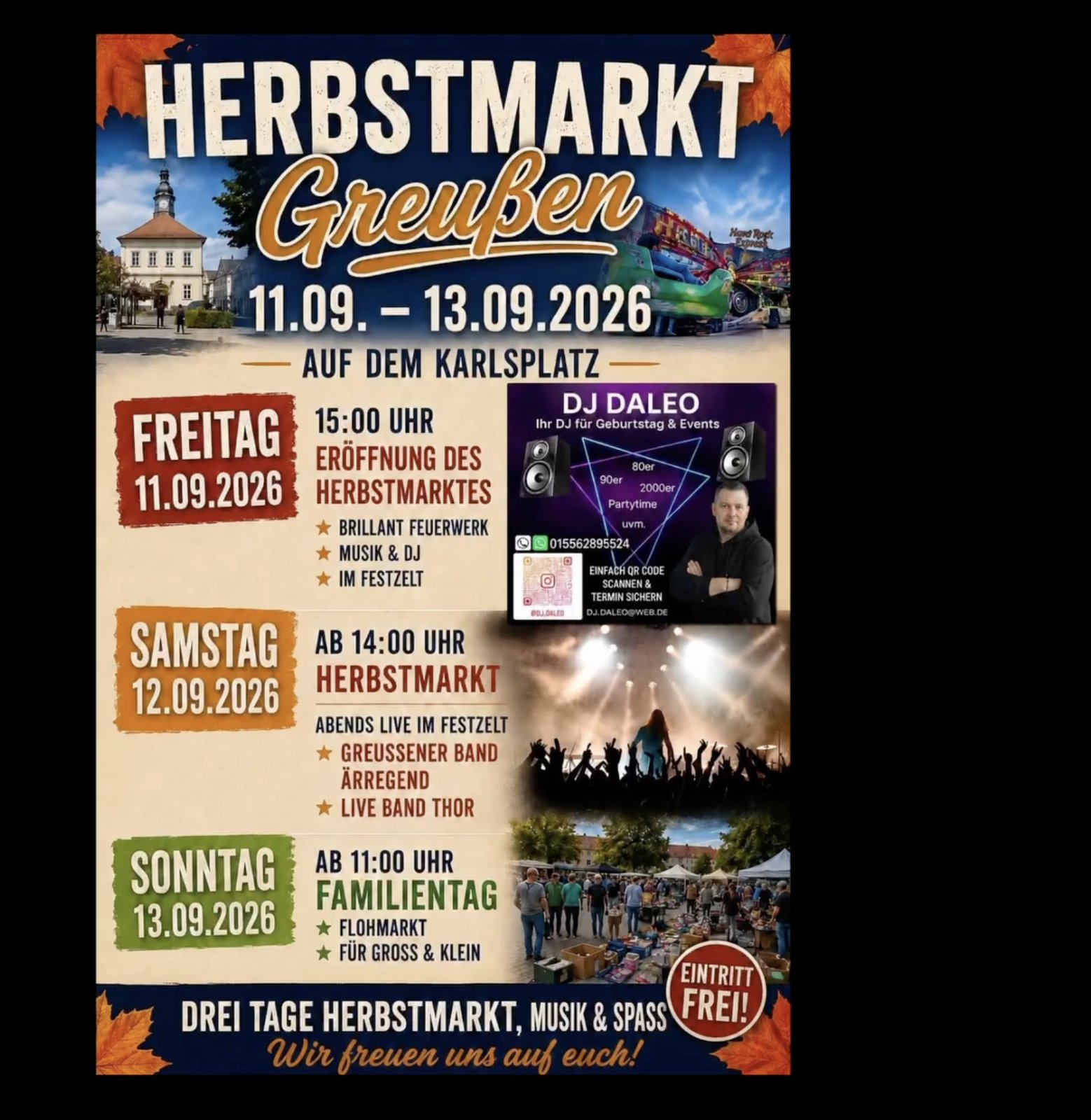 Veranstaltungsplakat zum Herbstmarkt Greußen vom 11. bis 13. September 2026