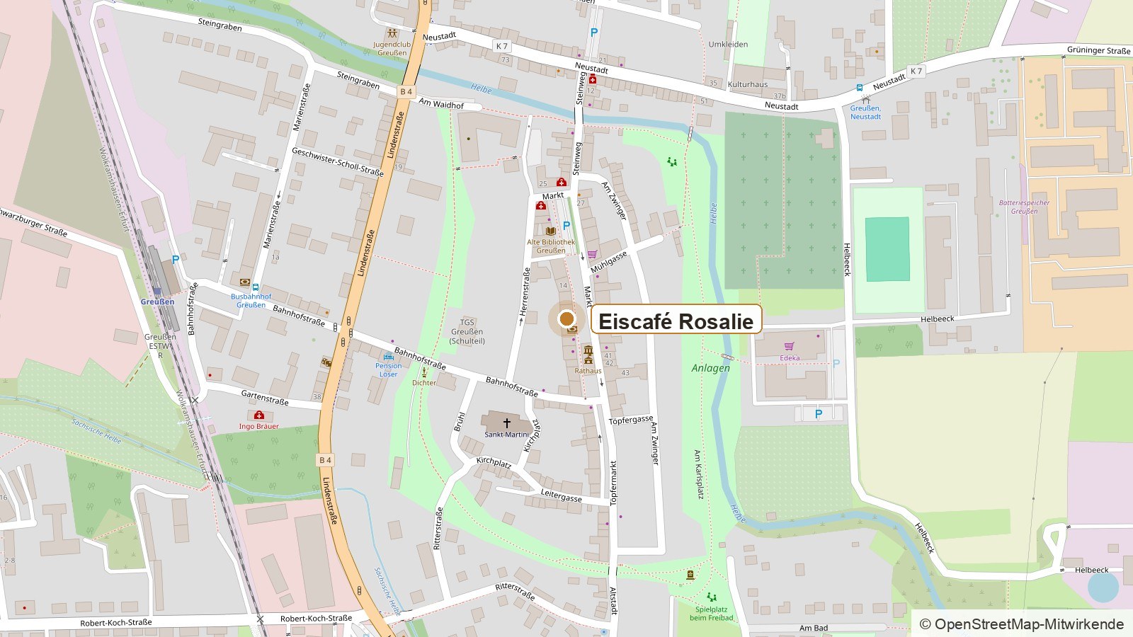 Karte von Greußen mit der Lage des Eiscafés Rosalie am Markt