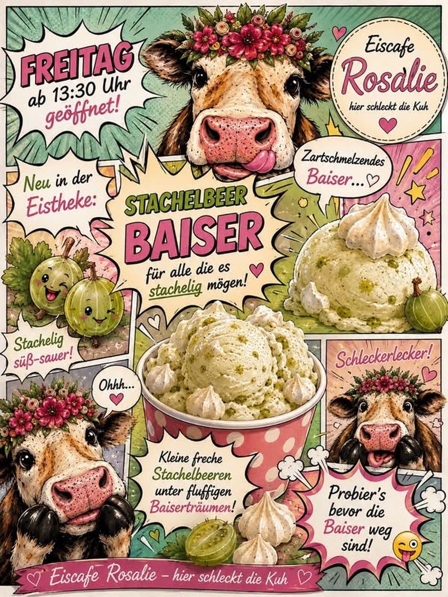 Comicgrafik des Eiscafés Rosalie zur neuen Sorte Stachelbeer Baiser