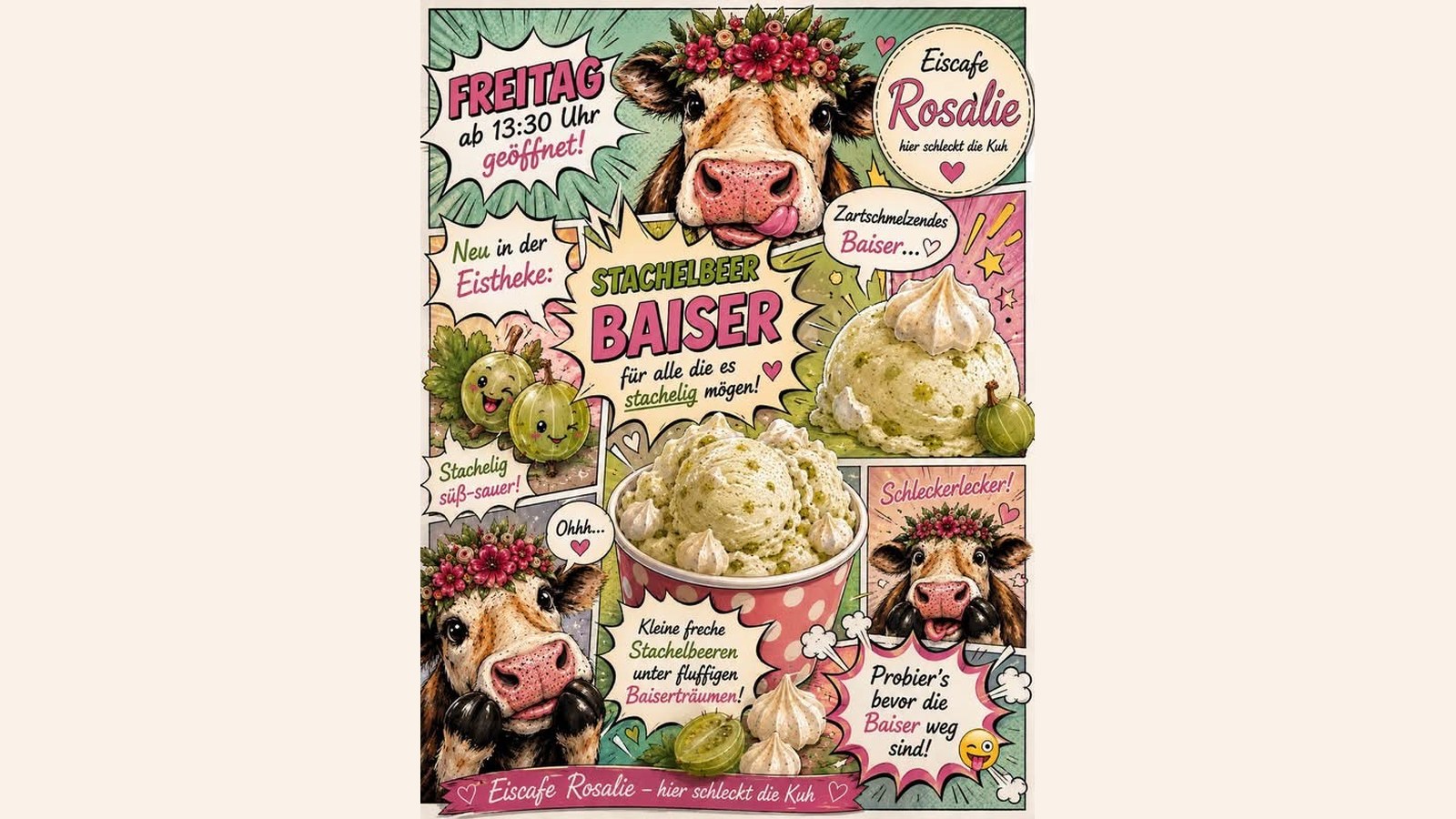 Comicgrafik des Eiscafés Rosalie mit einer Kuh und der neuen Eissorte Stachelbeer Baiser